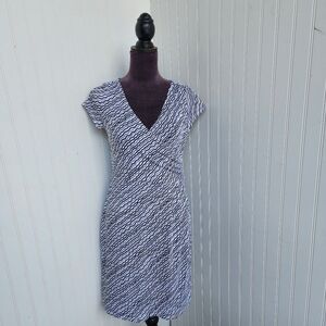 Ann Taylor Faux Wrap Dress White Black Brown V Neck Office V- Neck Stretch Sz 4P
